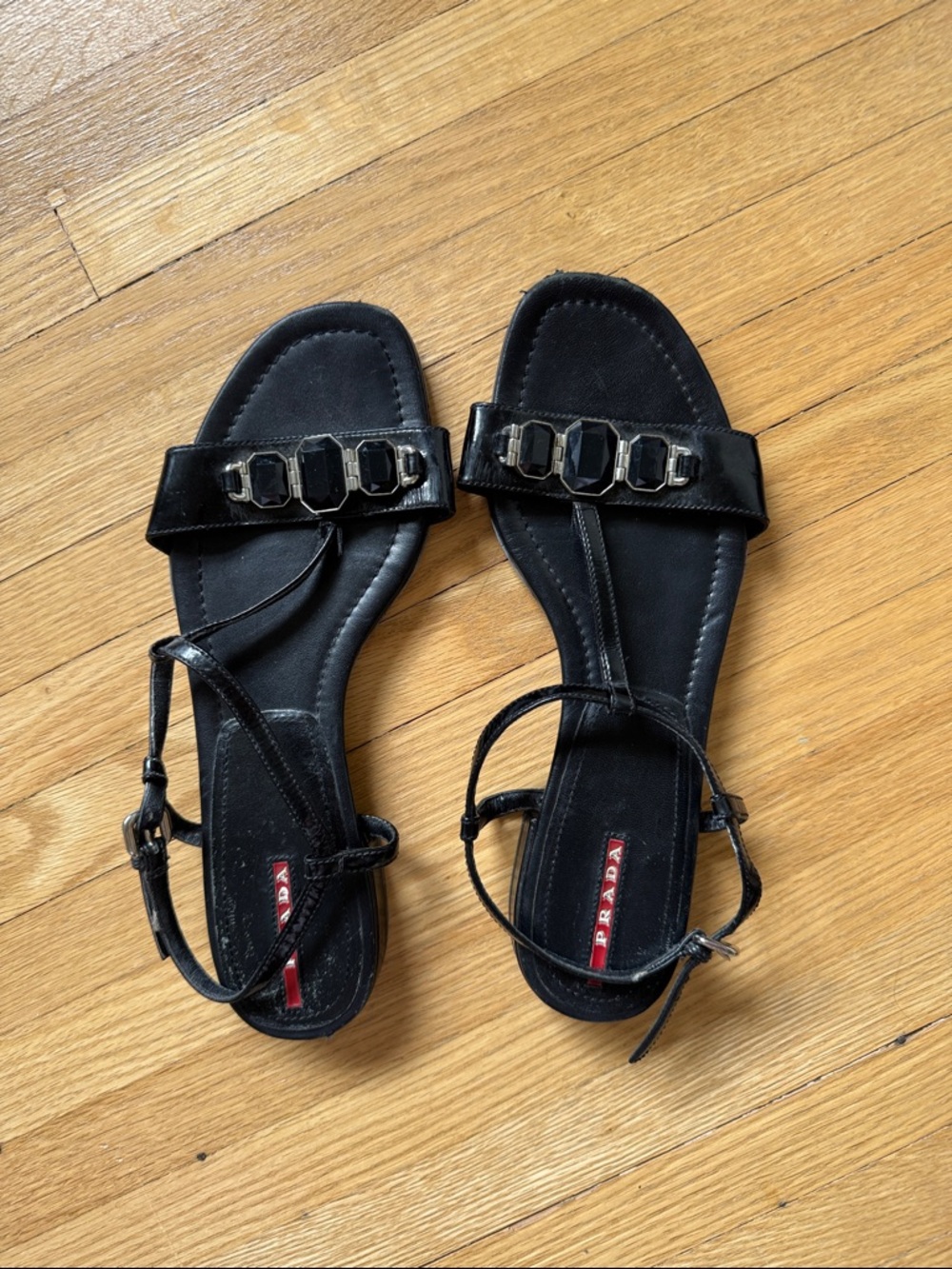 Prada Linea Rossa Black Patent Ankle-Strap Sandals with Gem Accents